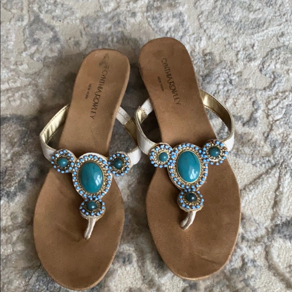 *Cynthia Rowley  White Leather Teal Khaki Jeweled Sandals